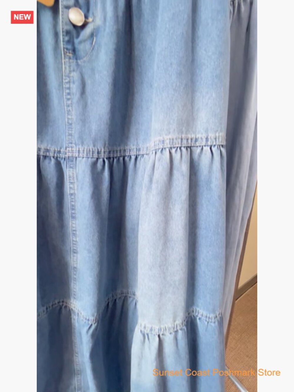 High Rise Button-Fly Tiered Ruffle A-Line Denim Maxi Skirt with Pockets - Picture 7 of 7